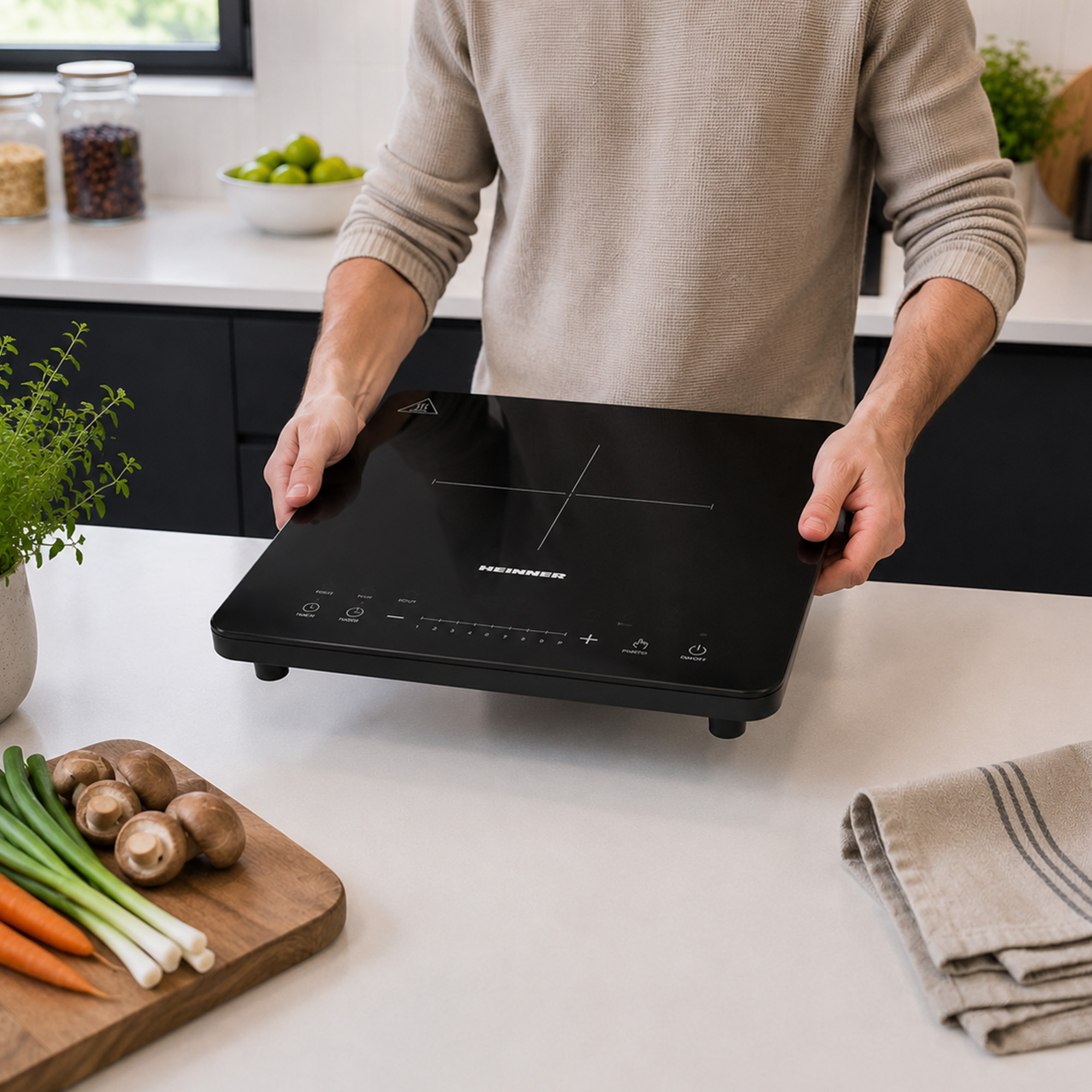 A person in a beige sweater holds a portable black induction cooktop in a bright kitchen with vegetables nearby.