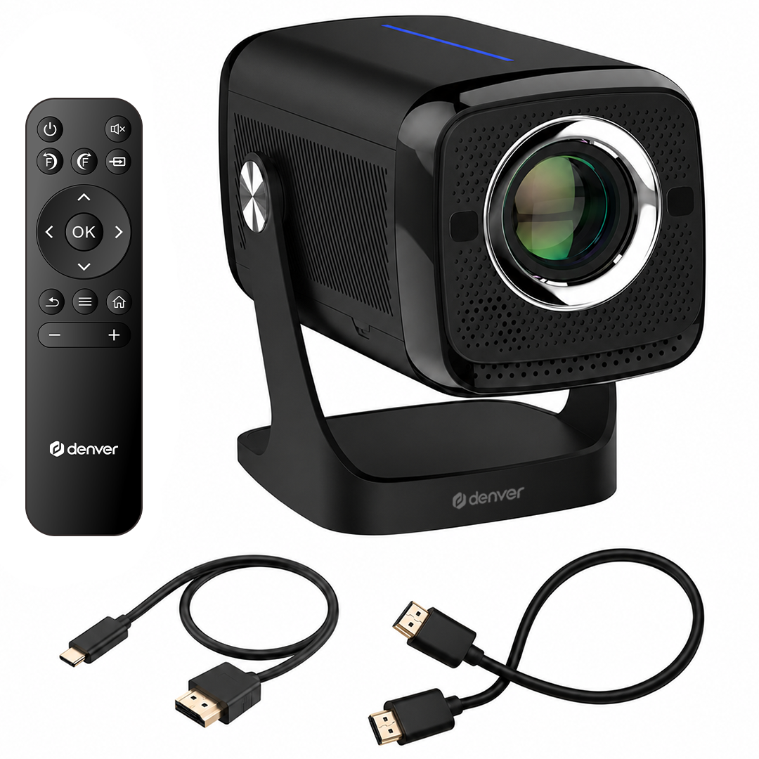 A black Denver projector on a stand, with a remote control and two cables on a white background.