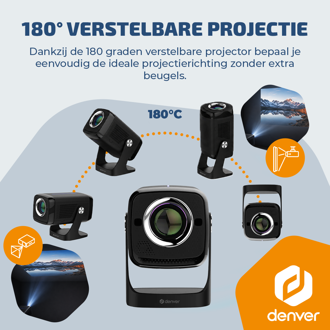 Promotional image of a black Denver projector with 180-degree adjustment and mountain landscape.