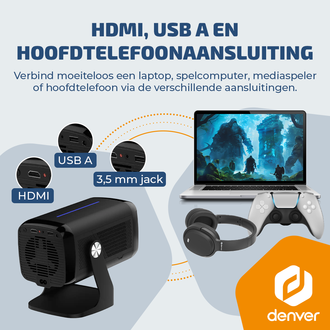 Projector showing HDMI, USB, and 3.5mm ports, connected to a laptop, controller, and headphones.