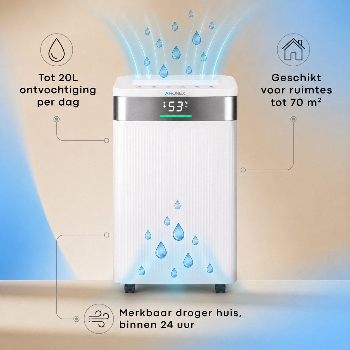 Ein weißer tragbarer Luftentfeuchter mit Digitaldisplay, umgeben von Wassertropfen-Grafiken und niederländischen Texten.