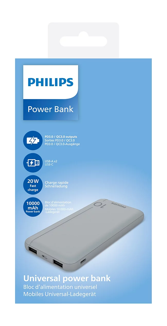 10000 mAh kapasiteli ve 20W hızlı şarj özellikli gri Philips evrensel taşınabilir şarj cihazı kutusu.