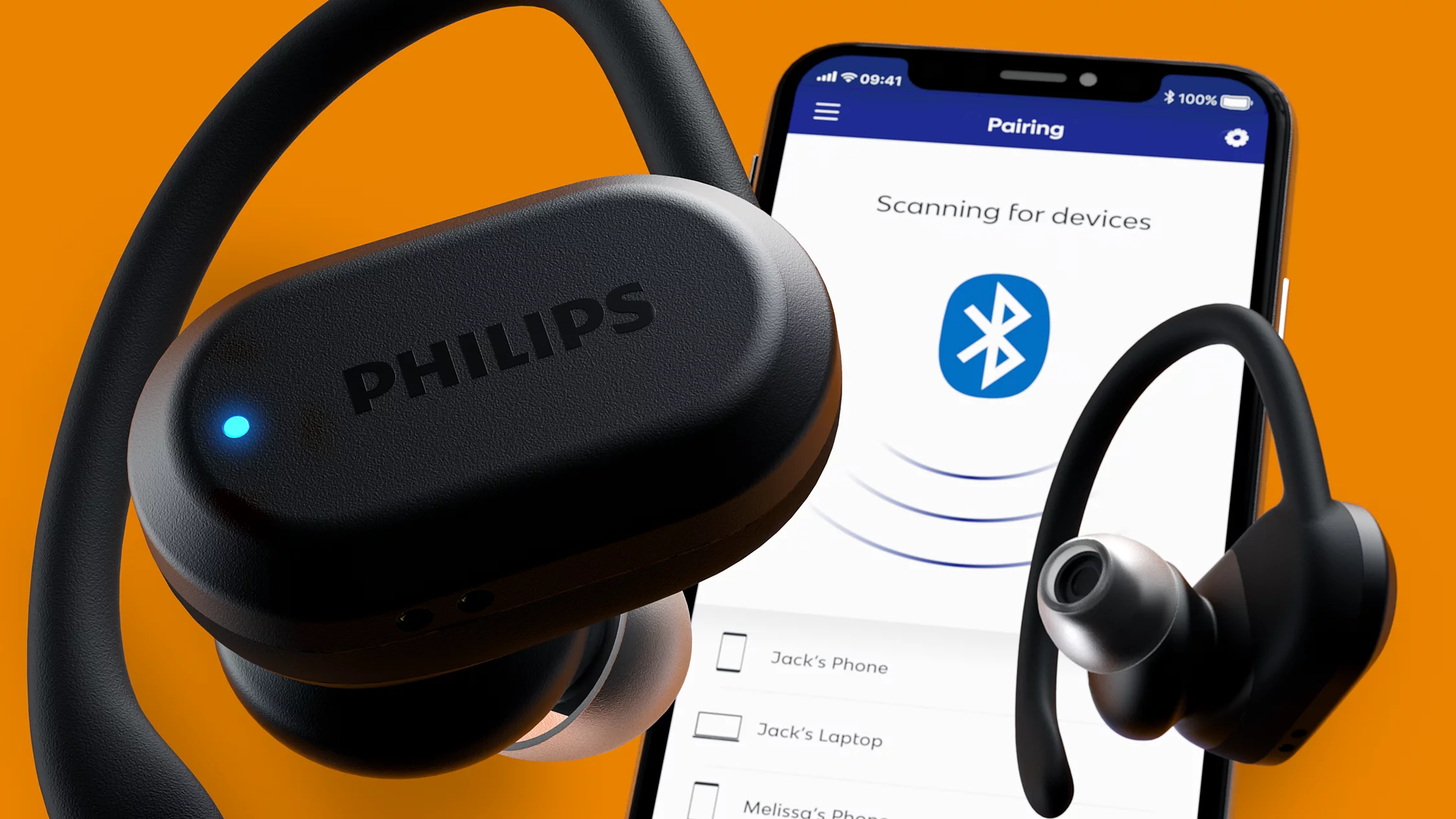 Turuncu arka planda Bluetooth eşleştirme uygulaması gösteren bir akıllı telefonun önünde siyah Philips spor kulaklık.