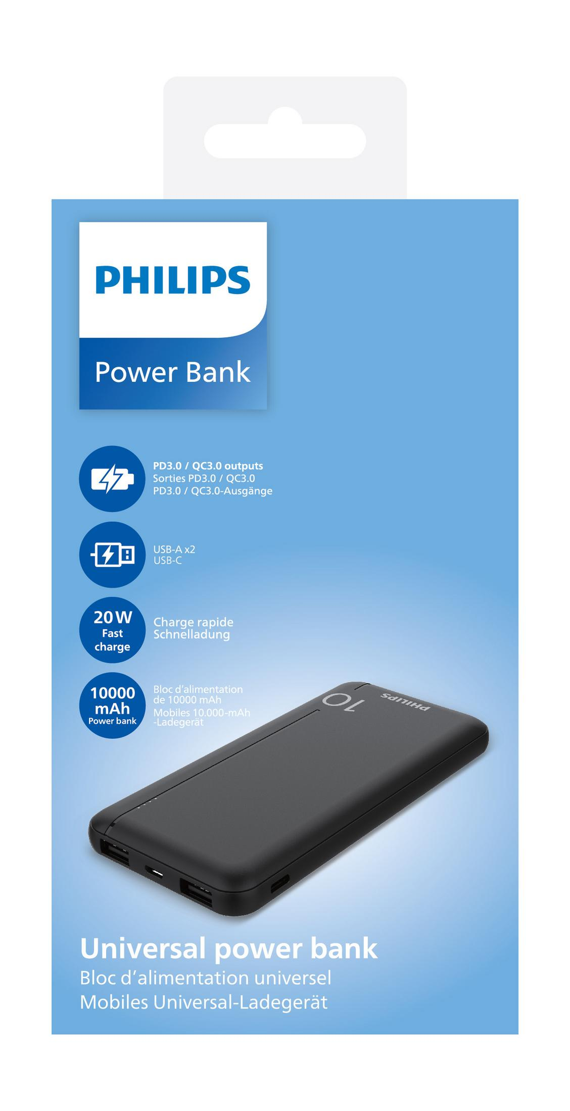 Hızlı şarj ve çoklu USB bağlantı noktalarına sahip siyah Philips 10000mAh evrensel taşınabilir şarj cihazı kutusu.