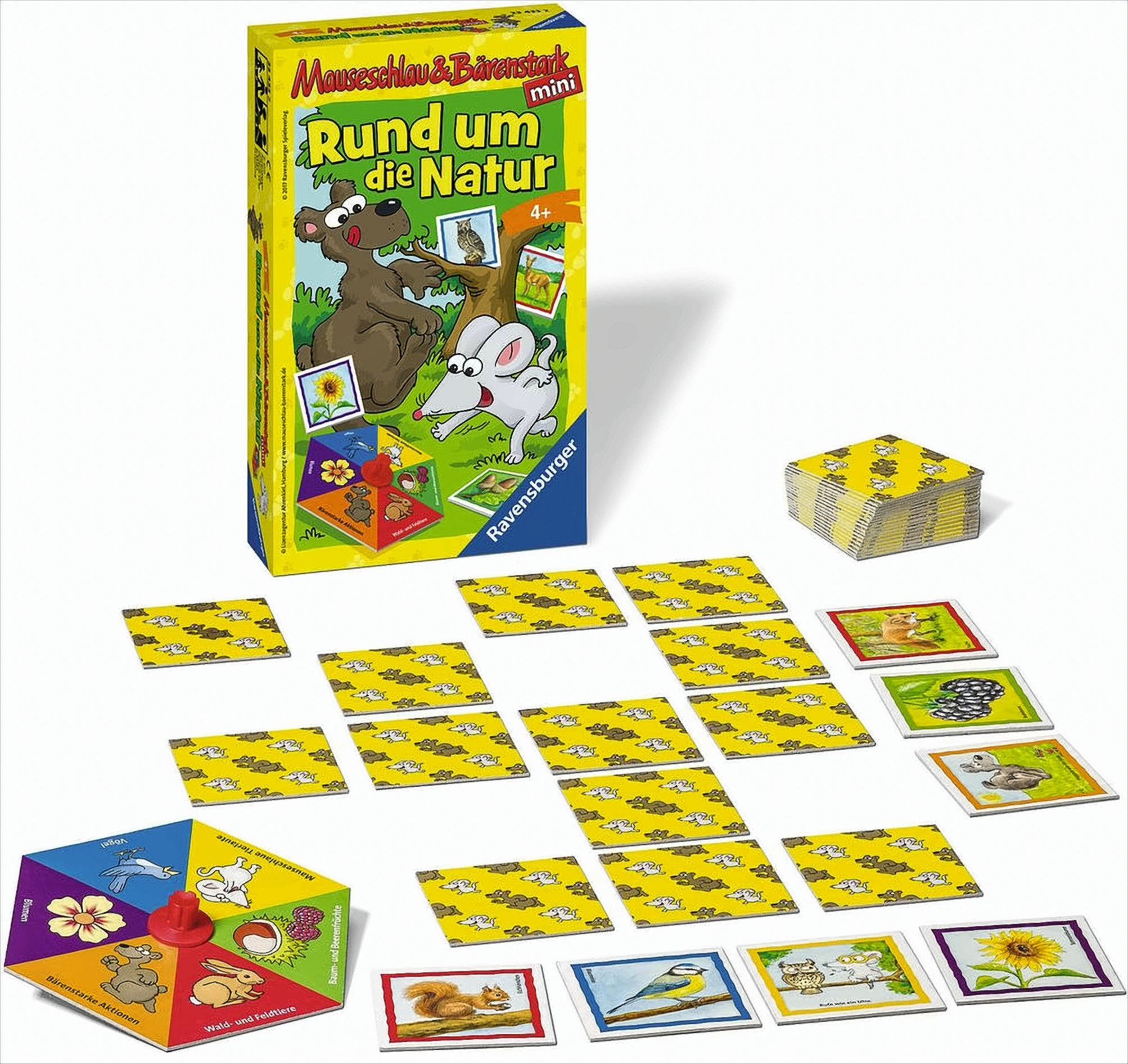 Spielverpackung von 'Rund um die Natur' mit Karten und einem bunten Drehrad auf weißem Untergrund.
