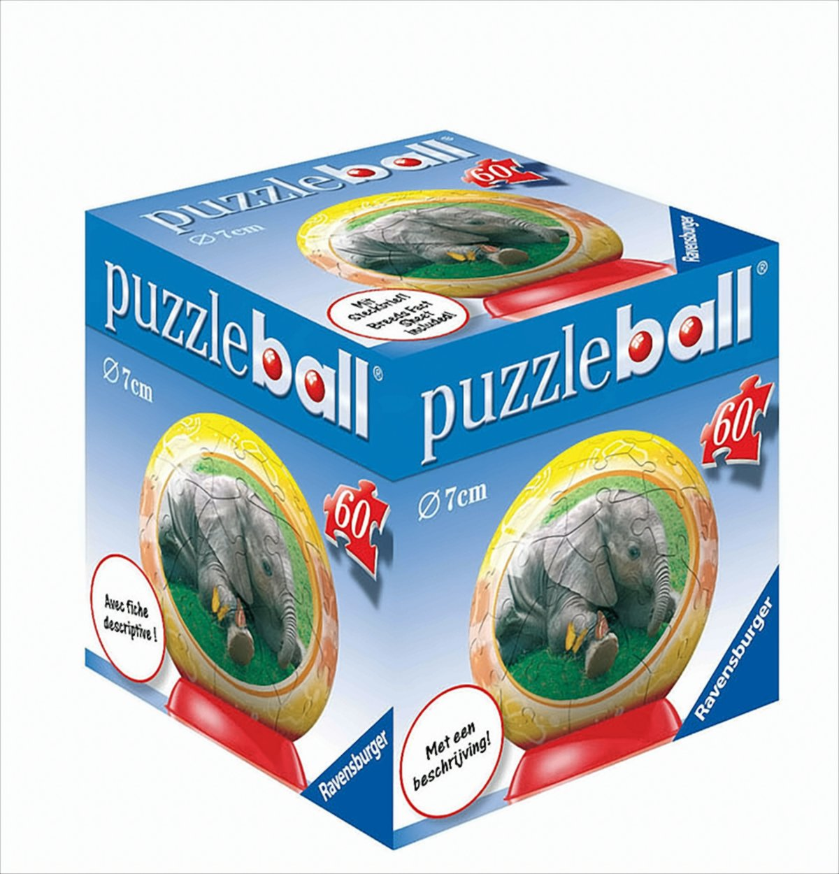 Eine Ravensburger Puzzleball-Schachtel zeigt ein Elefantenmotiv auf einem runden 60-Teile-Puzzle.