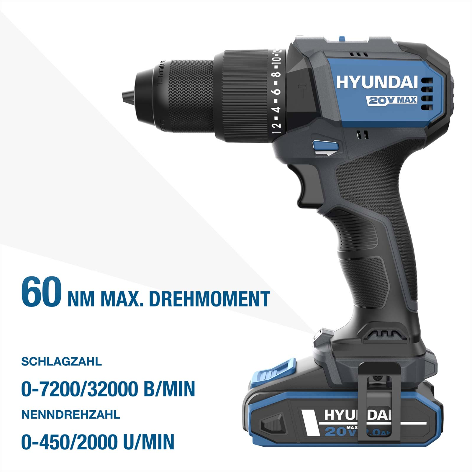 Blaue und schwarze Hyundai 20V Akku-Schlagbohrmaschine mit Technischen Daten.