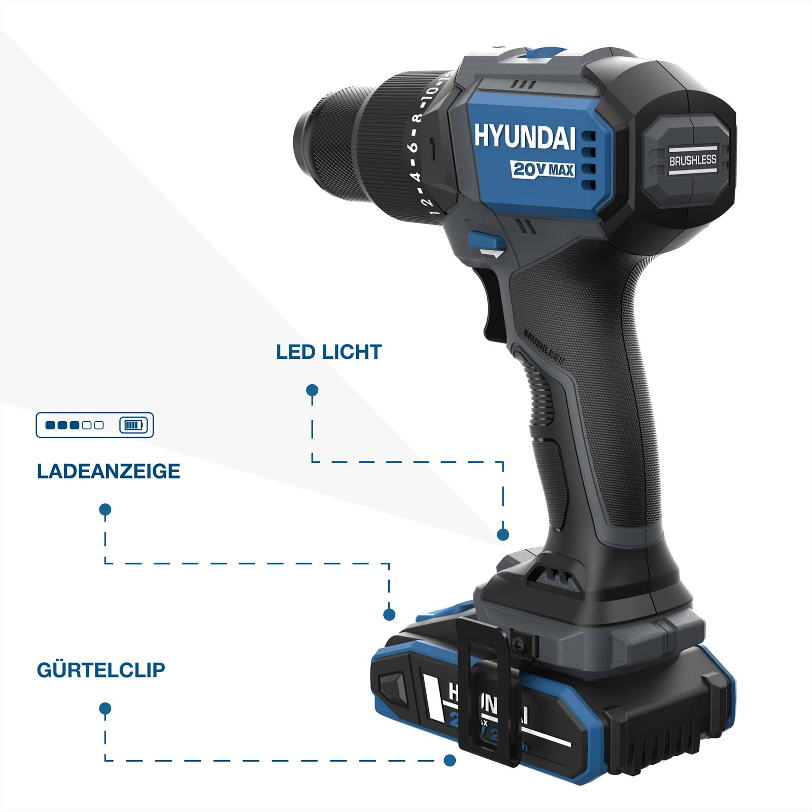 Blaue Hyundai 20V Max Akkubohrmaschine mit LED-Licht, Ladeanzeige und Gürtelclip auf weißem Hintergrund.