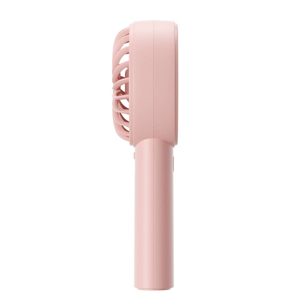 Ein kleiner rosa Handventilator in Seitenansicht vor weißem Hintergrund.