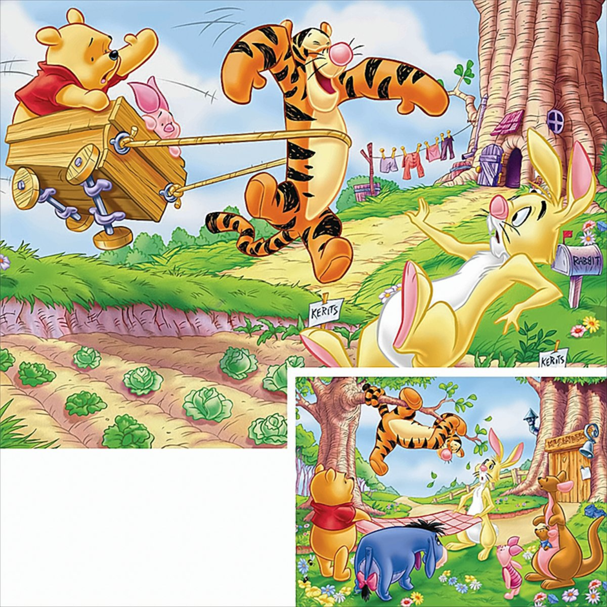 Winnie Puuh und Tigger in Aktion; Tigger zieht eine Holzkiste mit Puuh und Ferkel, während Rabbit überrascht hinfällt.