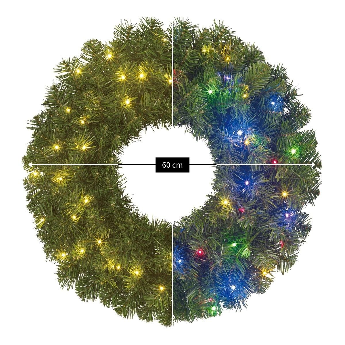 A 60 cm artificial Christmas wreath split between warm white and multicolored lights against a white background.