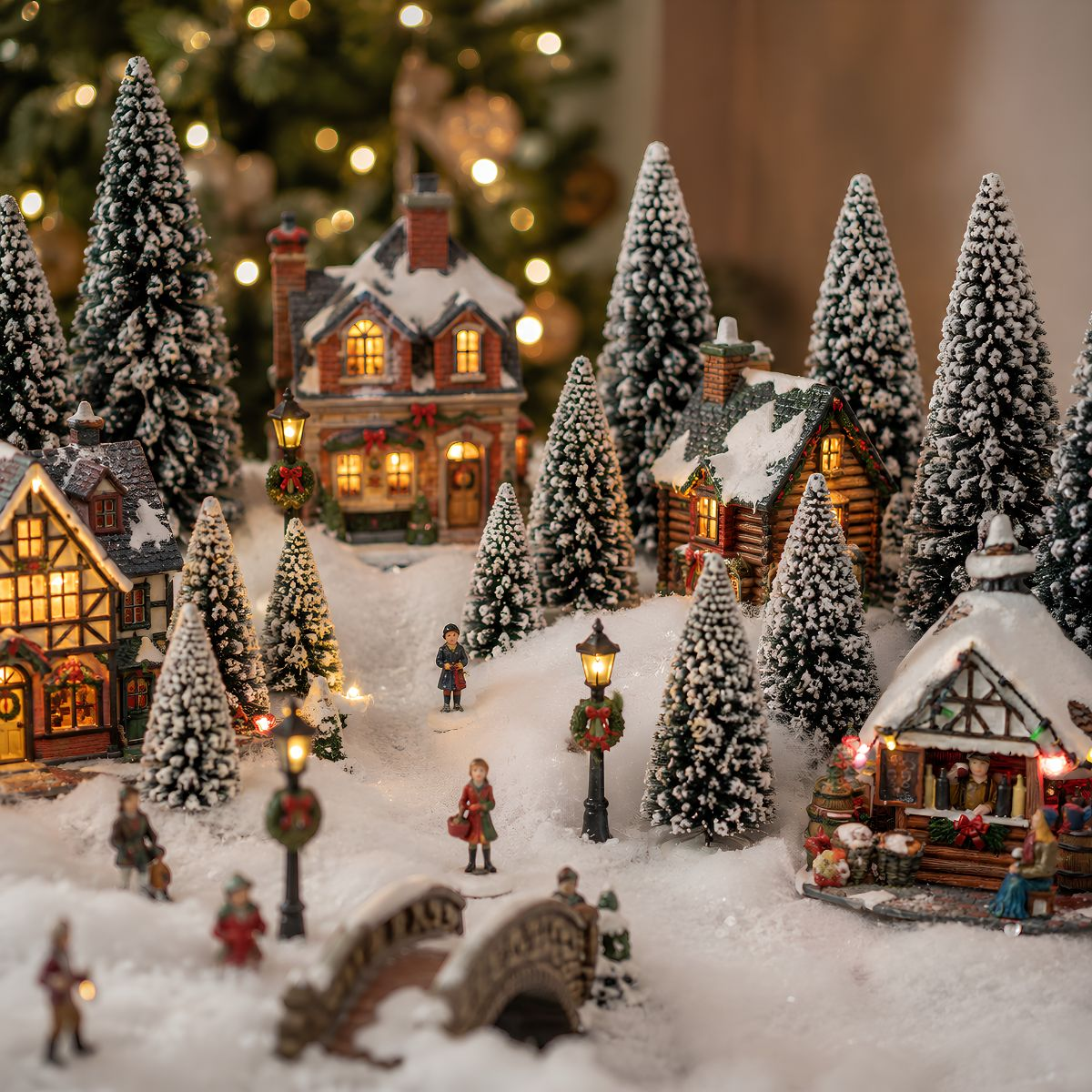 Een besneeuwd miniatuur kerstdorp met verlichte huizen, dennenbomen en beeldjes.