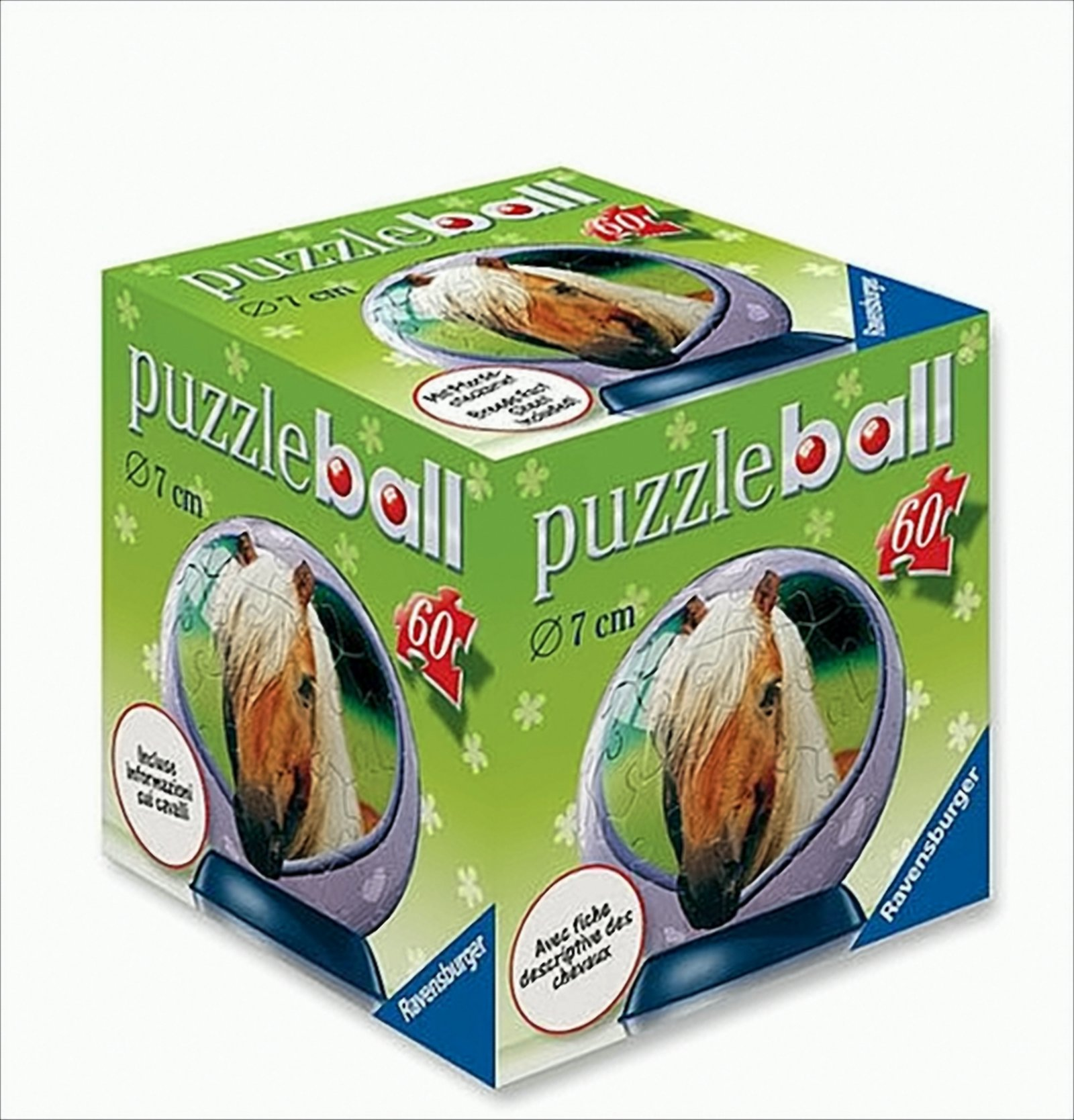Eine grüne Ravensburger Puzzleball-Schachtel mit einem 60-teiligen Pferde-Motiv.