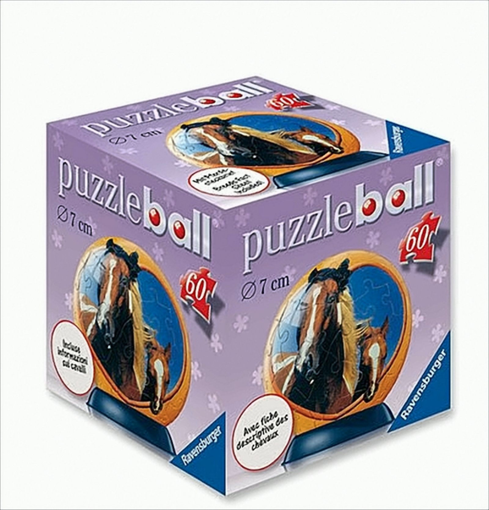 Eine violette Ravensburger Puzzleball Schachtel mit 60 Teilen und Pferdebildern.
