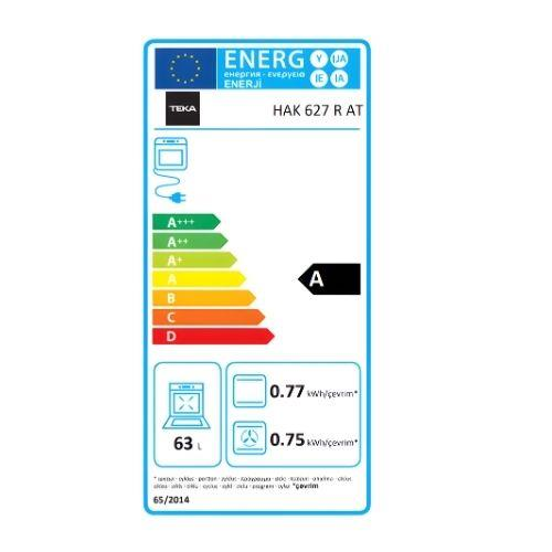 A sınıfı enerji verimliliğine sahip Teka HAK 627 R AT fırın için AB enerji etiketi.