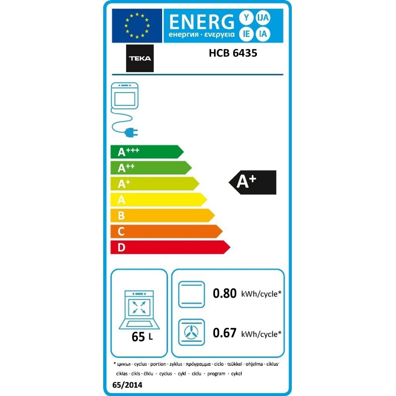 A+ sınıfı ve 65L kapasiteli Teka HCB 6435 fırın için enerji verimlilik etiketi.