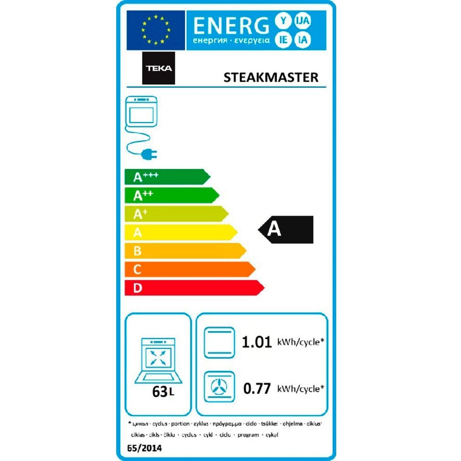 A enerji verimliliği sınıfı ve 63L kapasiteli TEKA Steakmaster fırın için AB enerji etiketidir.