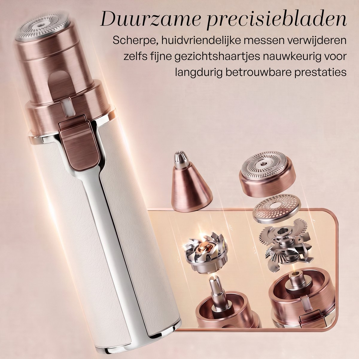 Rosegoldfarbener Damenrasierer mit abnehmbaren Scherköpfen und detaillierter Darstellung der inneren Klingen.