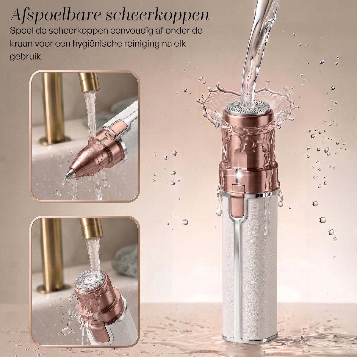 Wasserdichter, weiß-rosévergoldeter Haarentferner wird unter fließendem Wasser abgespült mit Wasserspritzern.