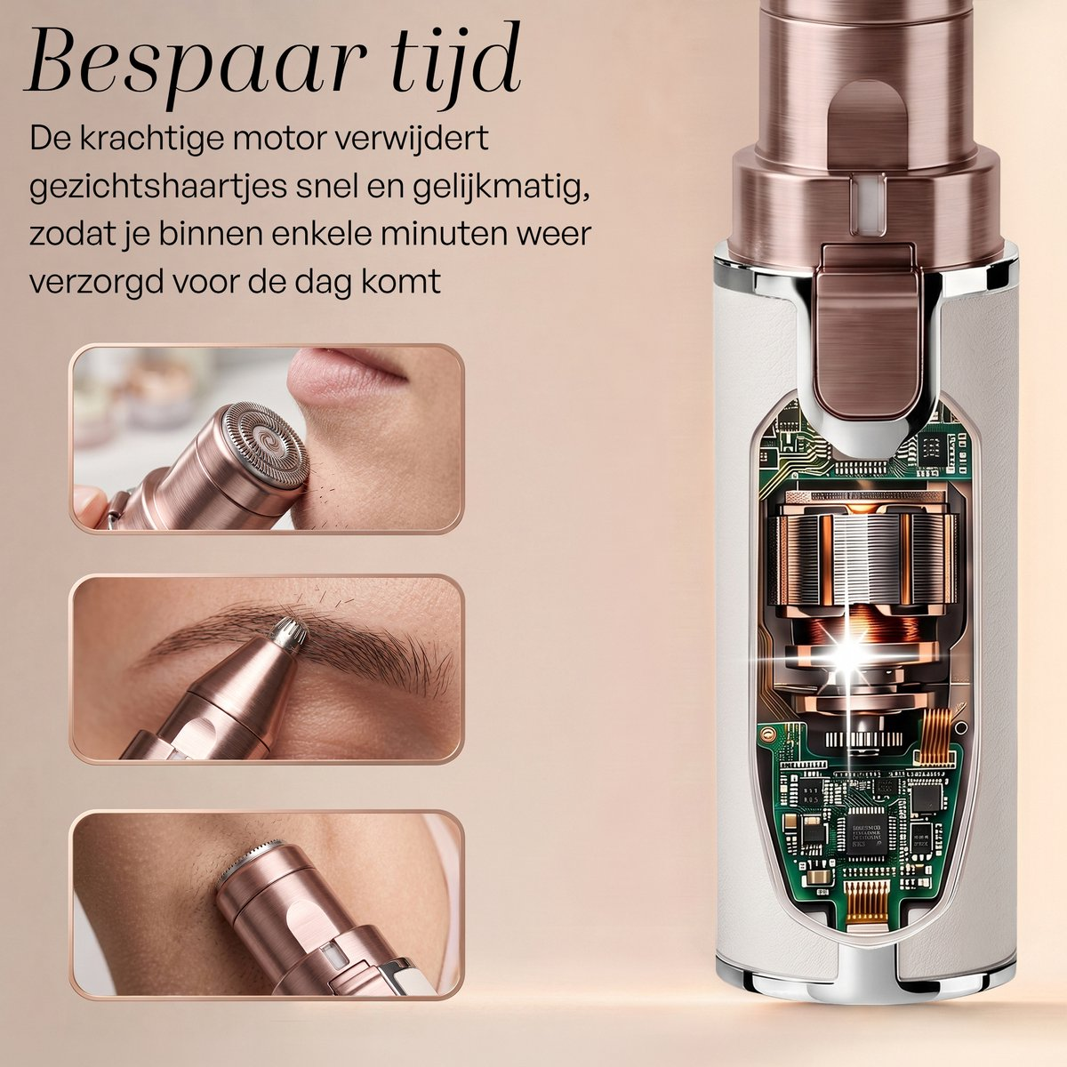 Ein roségoldener elektrischer Haarentferner mit sichtbarem Motor und Insets, die die Anwendung zeigen.