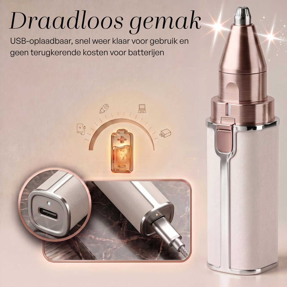 Ein roségoldener und weißer USB-wiederaufladbarer Nasenhaartrimmer mit Lade-Grafik und Text.