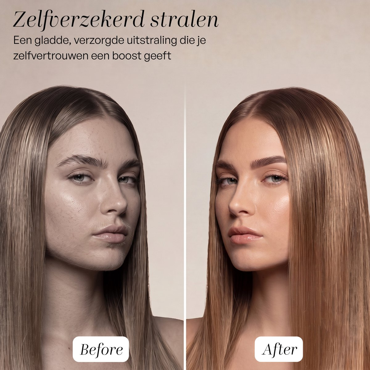 Comparaison avant-après d'une femme avec une peau et des cheveux éclatants à droite.