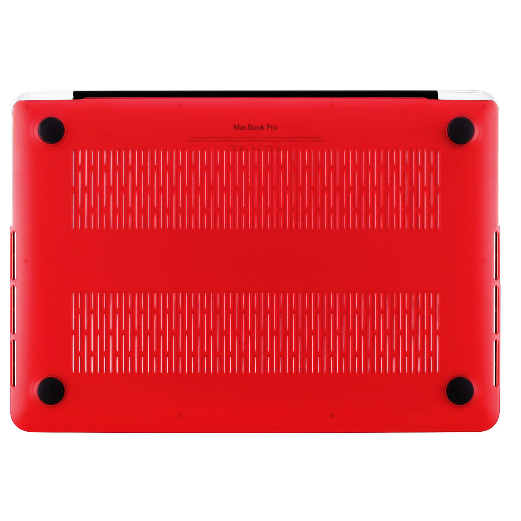 Bottom view of a MacBook Pro inside a red protective case, featuring ventilation slots and four black rubber feet.