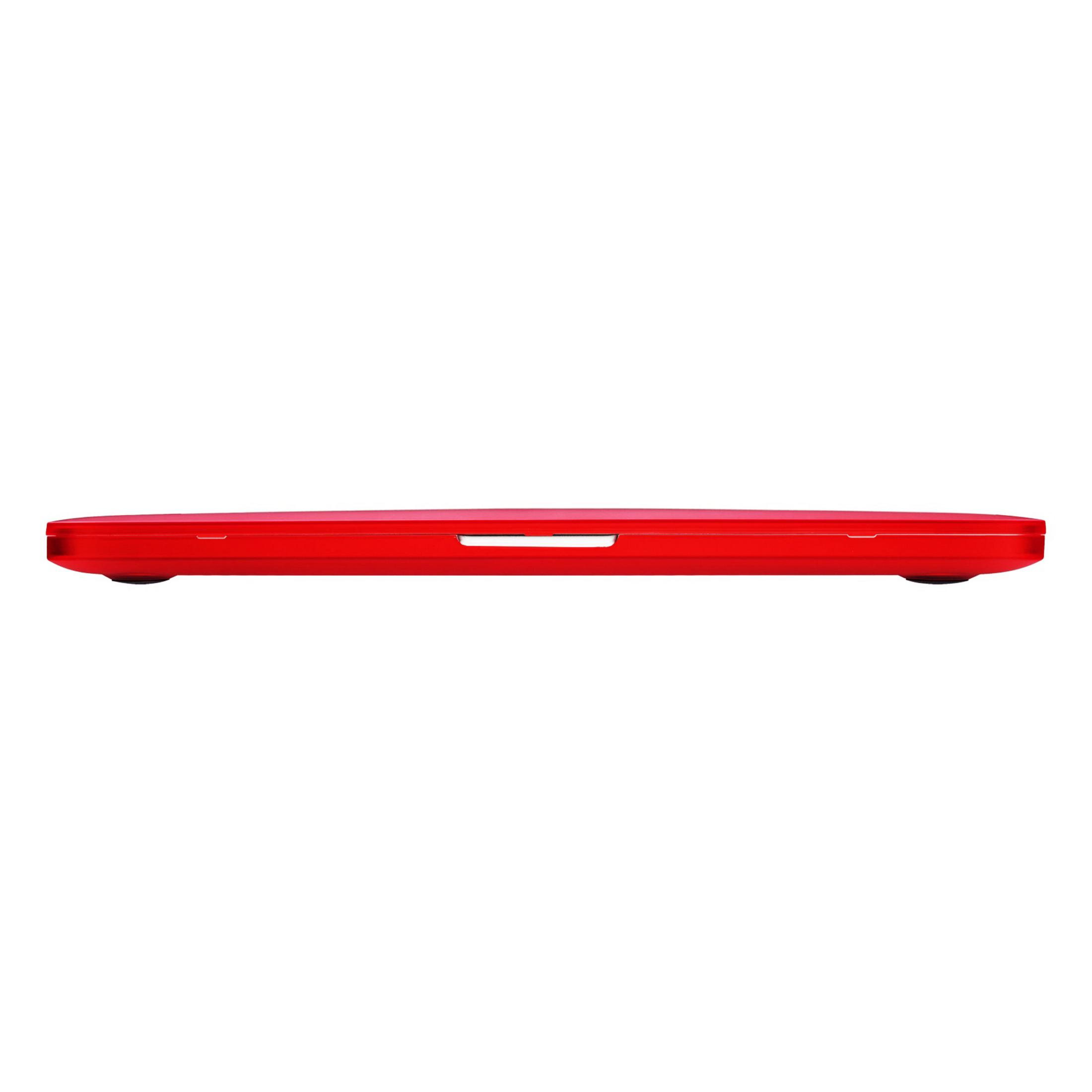 A sleek, closed red laptop is shown from the front on a white background.