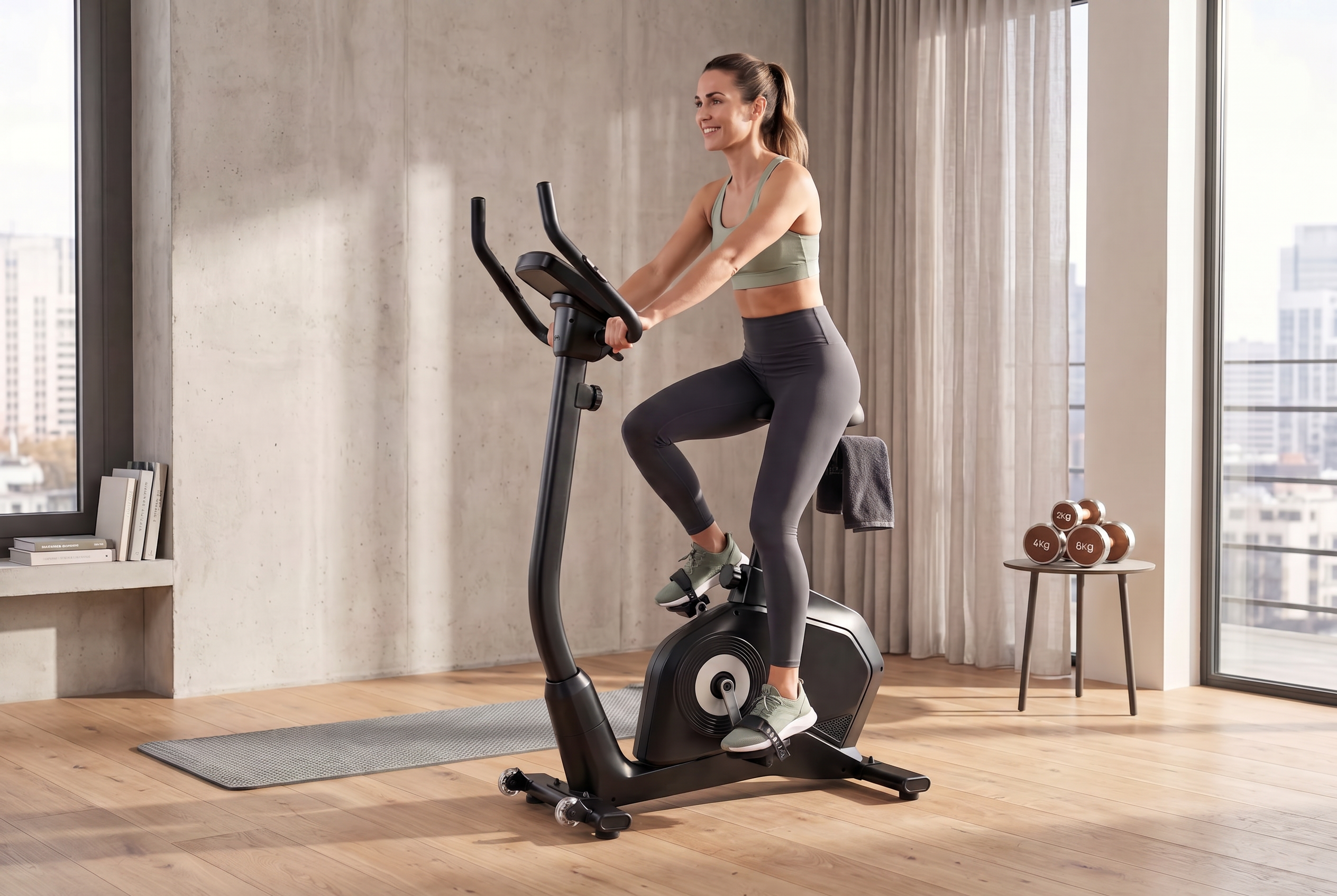 Kobieta w odzieży sportowej ćwiczy w domu na czarnym rowerku stacjonarnym w jasnym pokoju.