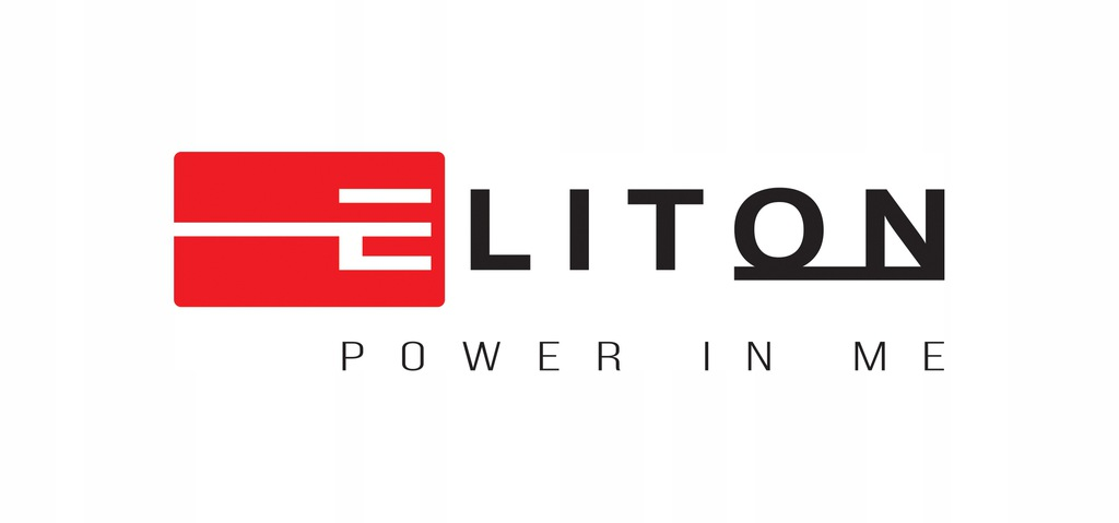 Logo przedstawia napis ELITON w kolorze czarnym i czerwonym ze sloganem POWER IN ME na białym tle.