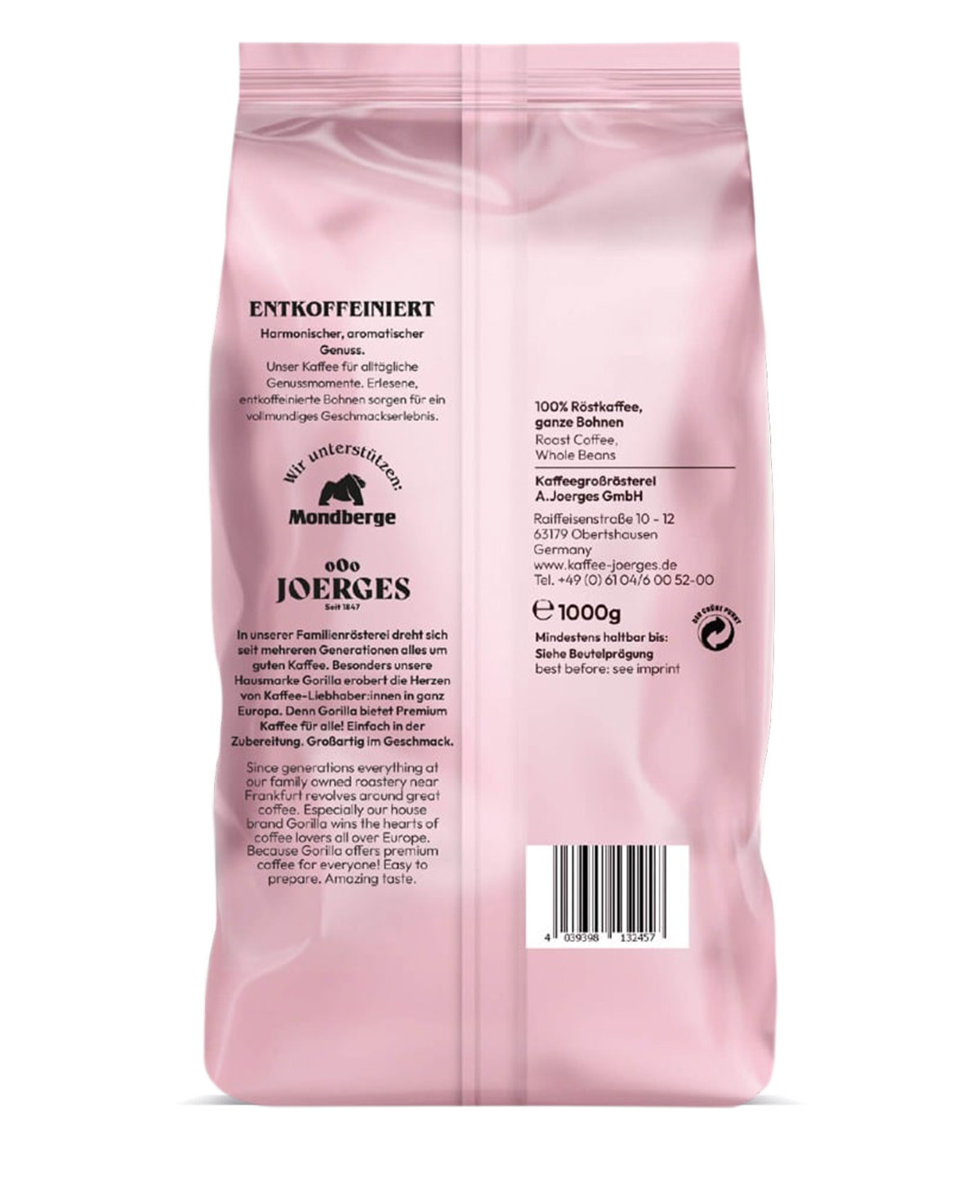 Rosa Kaffeetüte mit deutscher und englischer Aufschrift, Firmenlogo und Barcode auf der Rückseite.