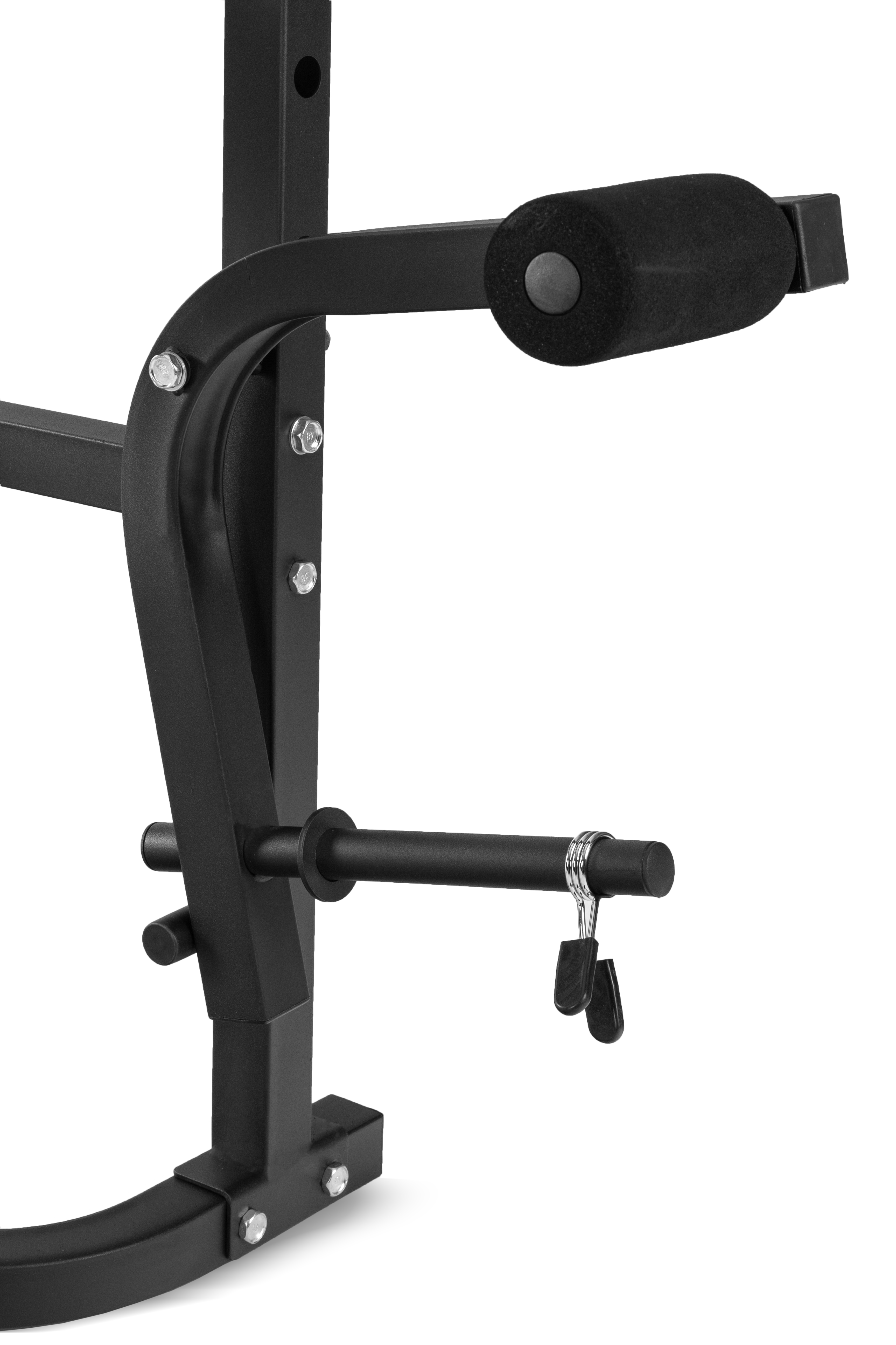 Czarny sprzęt fitness z wyściełanym wałkiem i sztangą.