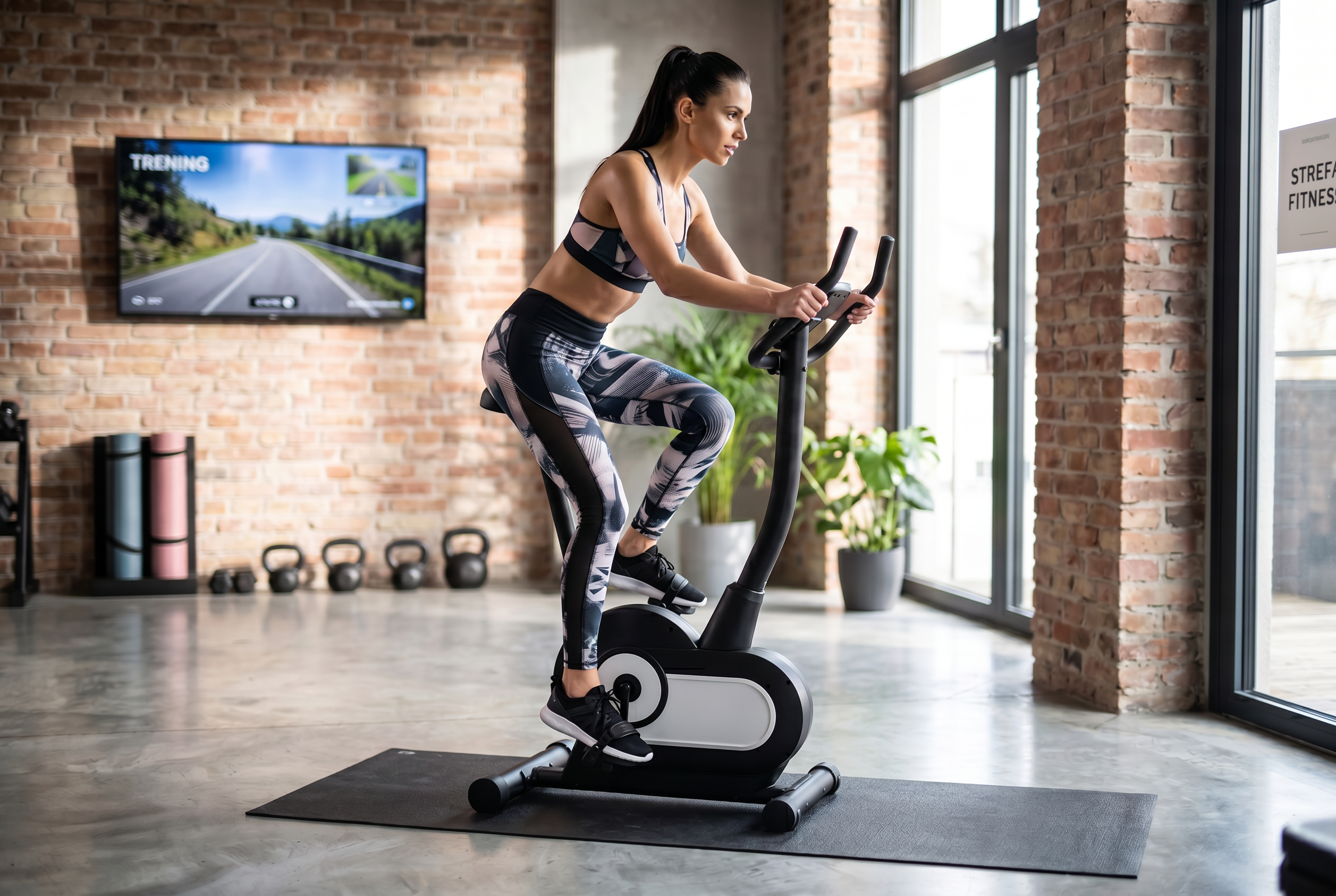 Kobieta w stroju sportowym jeździ na rowerze stacjonarnym w nowoczesnej siłowni z ceglanymi ścianami.