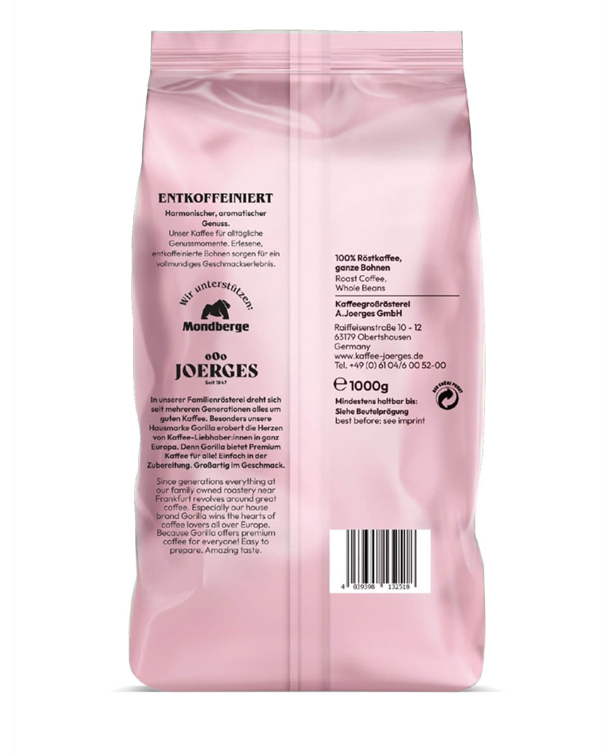 Rückseite einer hellrosa Kaffeetüte mit deutscher und englischer Beschreibung, Logos und einem Barcode.