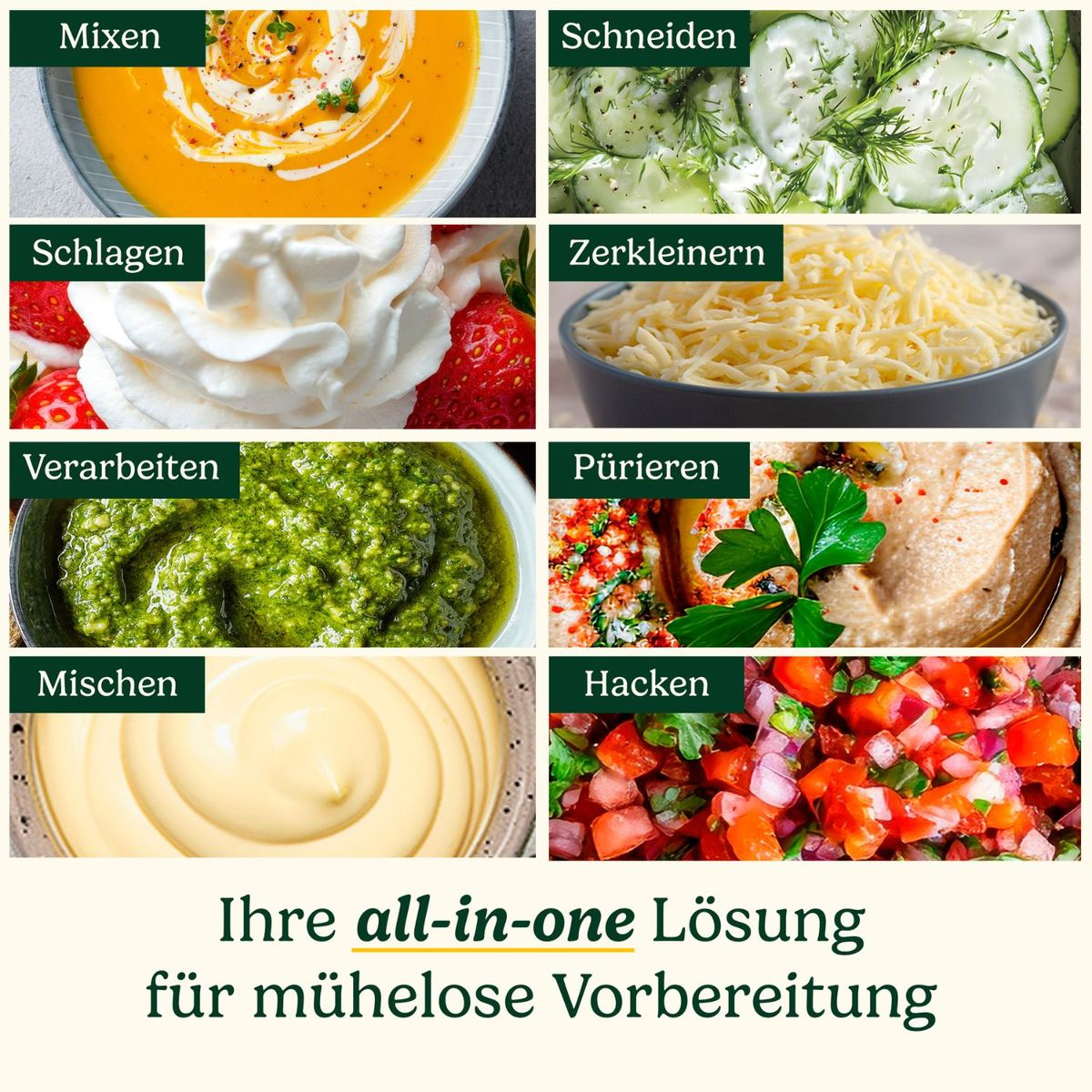 Collage aus acht Essenszubereitungsaufgaben mit deutschen Beschriftungen, die Suppen, Salate und Saucen zeigen.