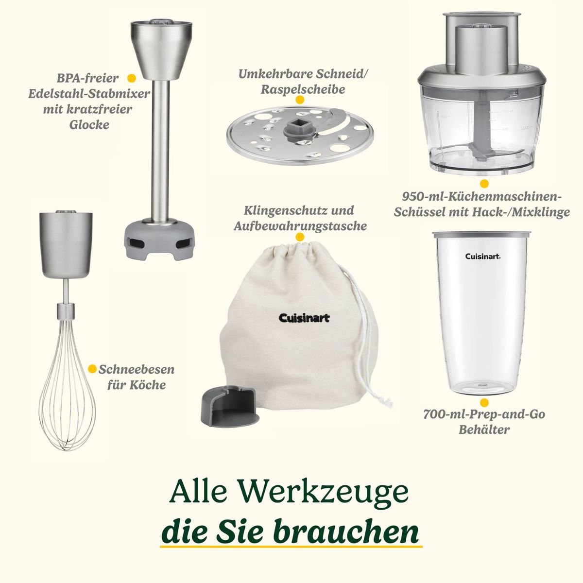 Verschiedene Edelstahl-Küchengeräte und Zubehörteile, darunter ein Stabmixer, Schneebesen und Behälter mit Text.