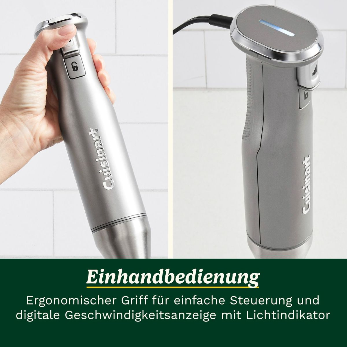 Silberner Cuisinart-Stabmixer mit ergonomischem Griff, digitaler Anzeige und Ladeanschluss vor weißem Hintergrund.