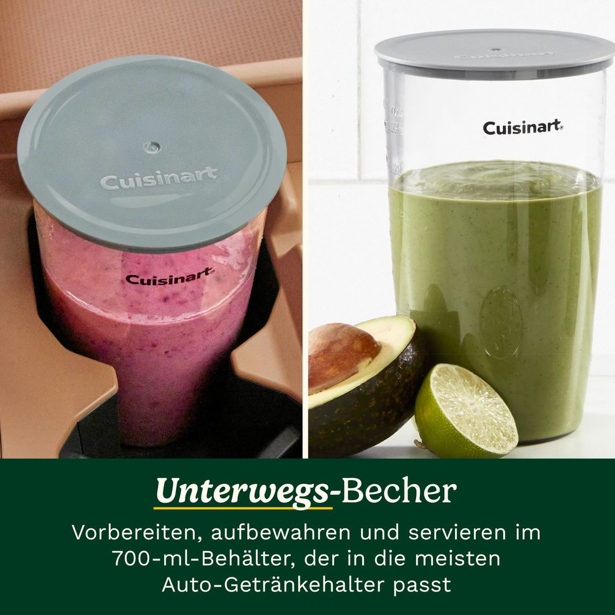 Zwei Cuisinart-Behälter mit Smoothies, Avocado und Limette sowie Text im unteren Bereich.