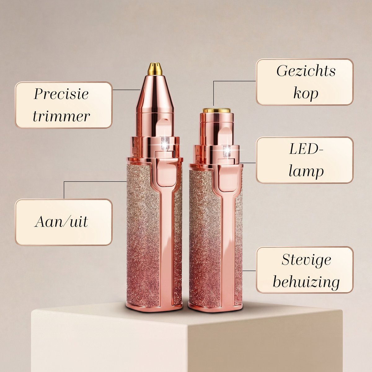 Roségoldene Gesichts- und Präzisionstrimmer mit LED-Licht und Erklärungen auf Schildern.