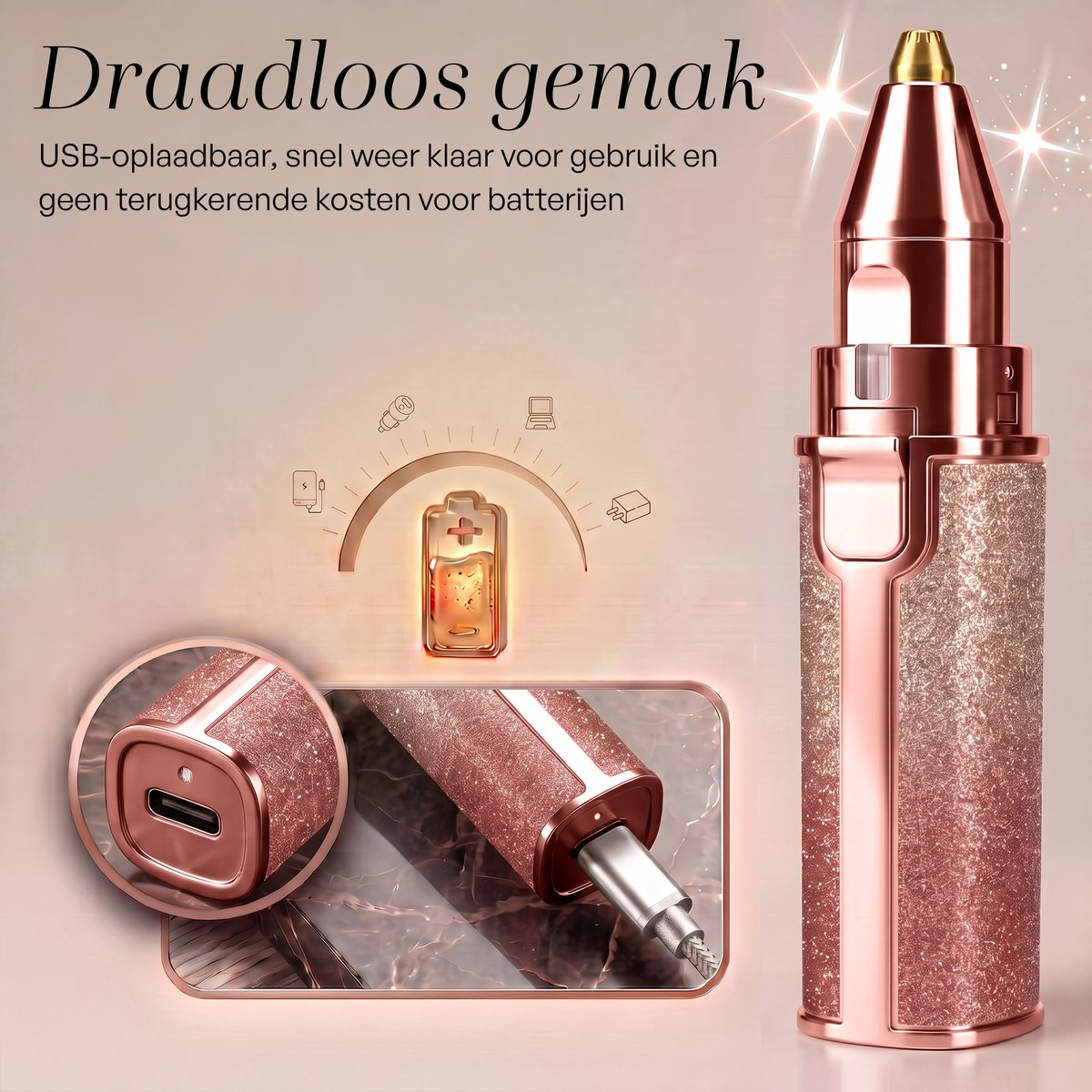 Ein roségoldener Gesichtshaartrimmer mit USB-C-Ladeanschluss und Glitzerdesign.