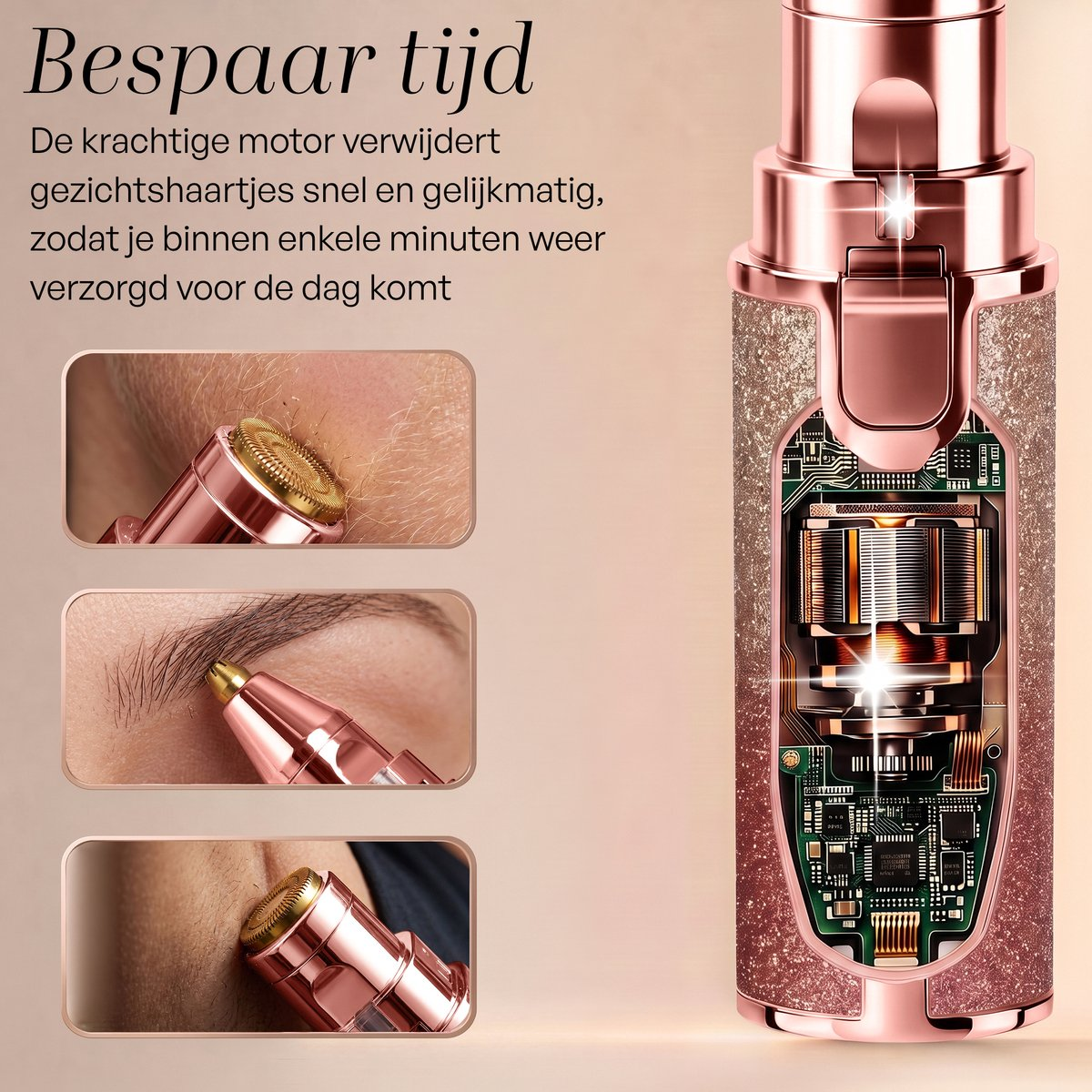 Ein roségoldener Gesichtshaarentferner mit sichtbarem Innenmotor und Anwendungsbeispielen.