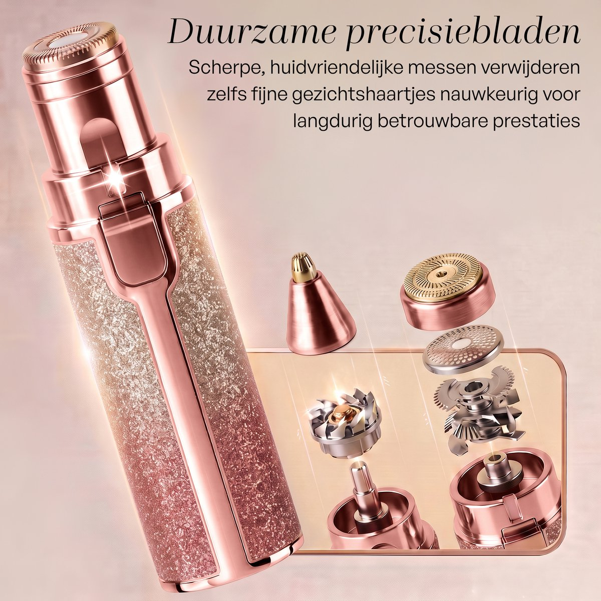 Roségoldener Haarentferner mit austauschbaren Aufsätzen.