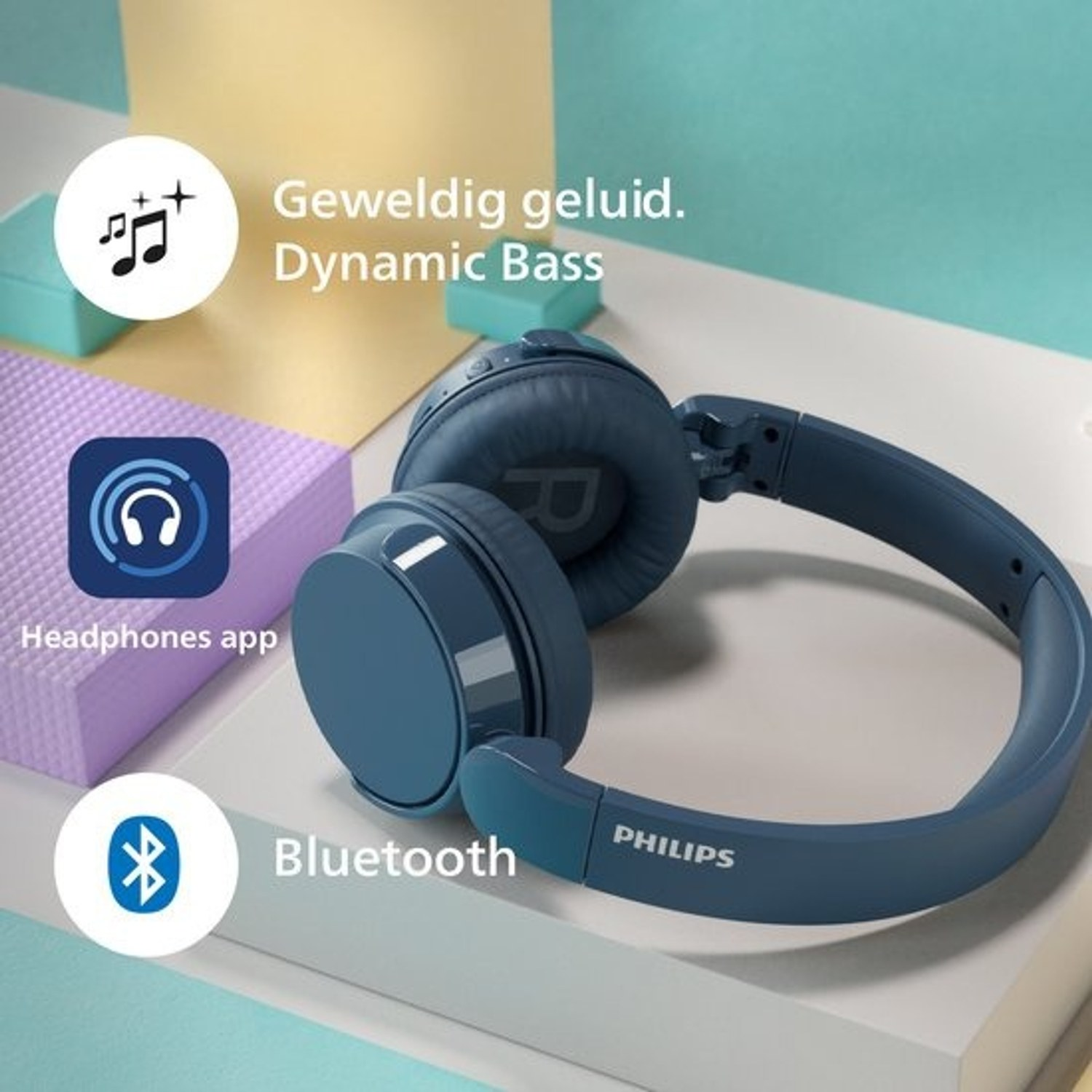 Blau Philips Kopfhörer auf einem mehrfarbigen geometrischen Hintergrund mit Funktionssymbolen.