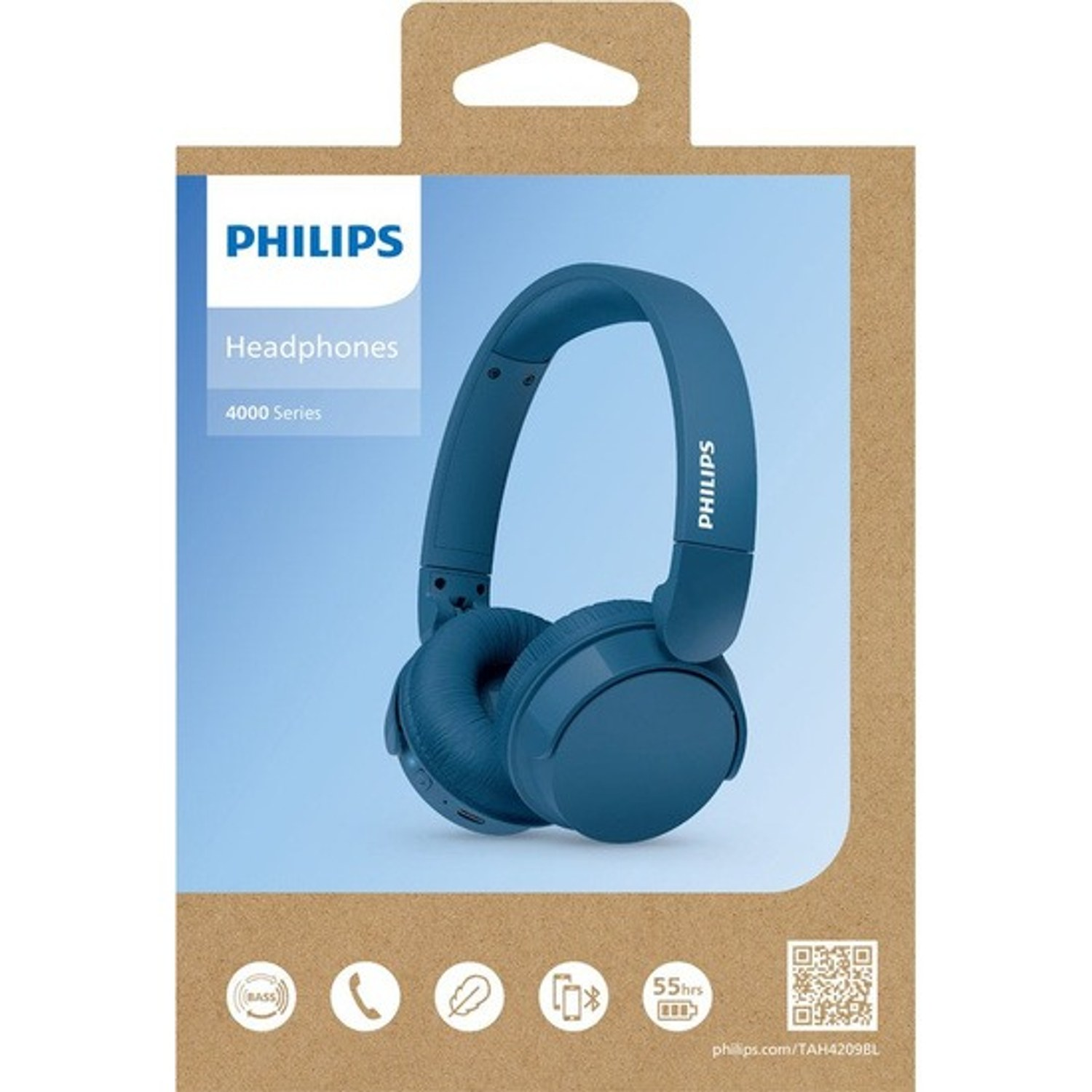Blaue Philips 4000 Series On-Ear-Kopfhörer in recycelter Verpackung.