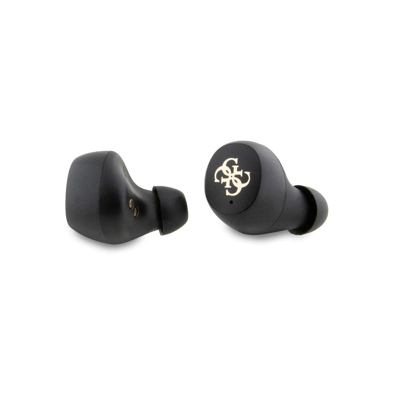 Dos auriculares inalambricos negros con logotipo dorado sobre fondo blanco.
