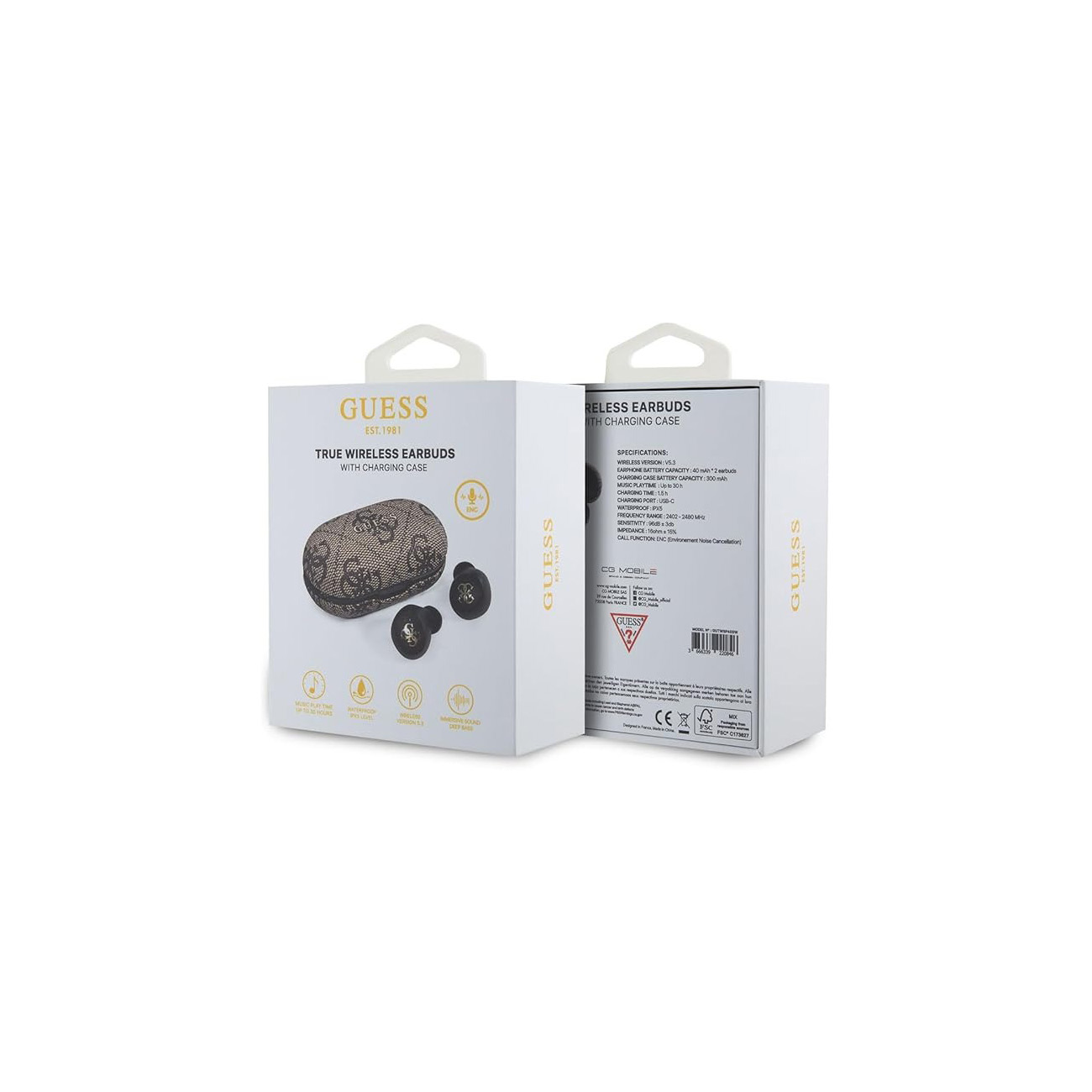 Empaque blanco y dorado para auriculares inalambricos Guess con estuche de carga y especificaciones atras.