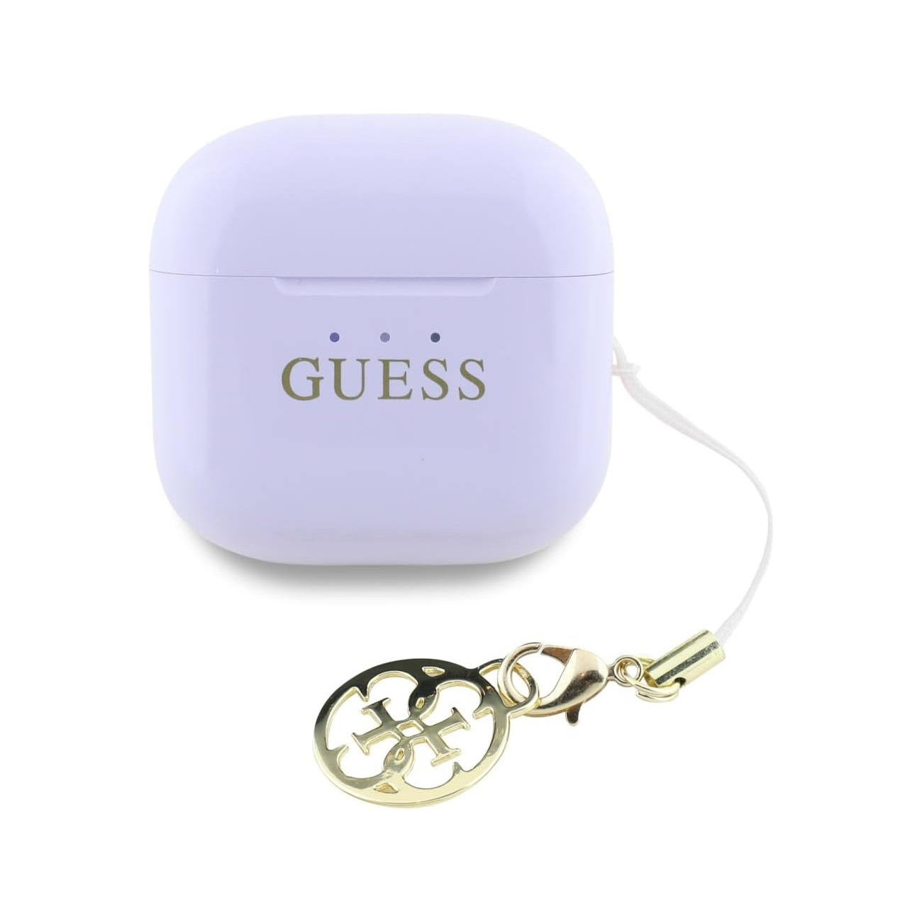 Un estuche de auriculares inalámbricos Guess lila claro con logotipo dorado y un colgante en un cordón blanco.