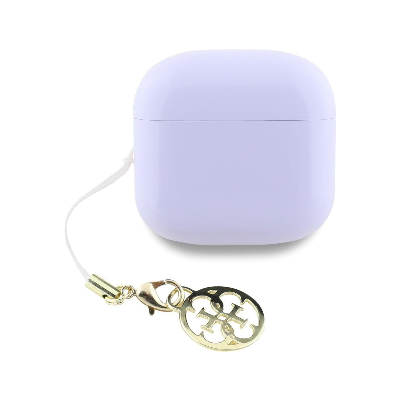 Un estuche para auriculares de color violeta claro con un cordón blanco y un colgante dorado sobre fondo blanco.