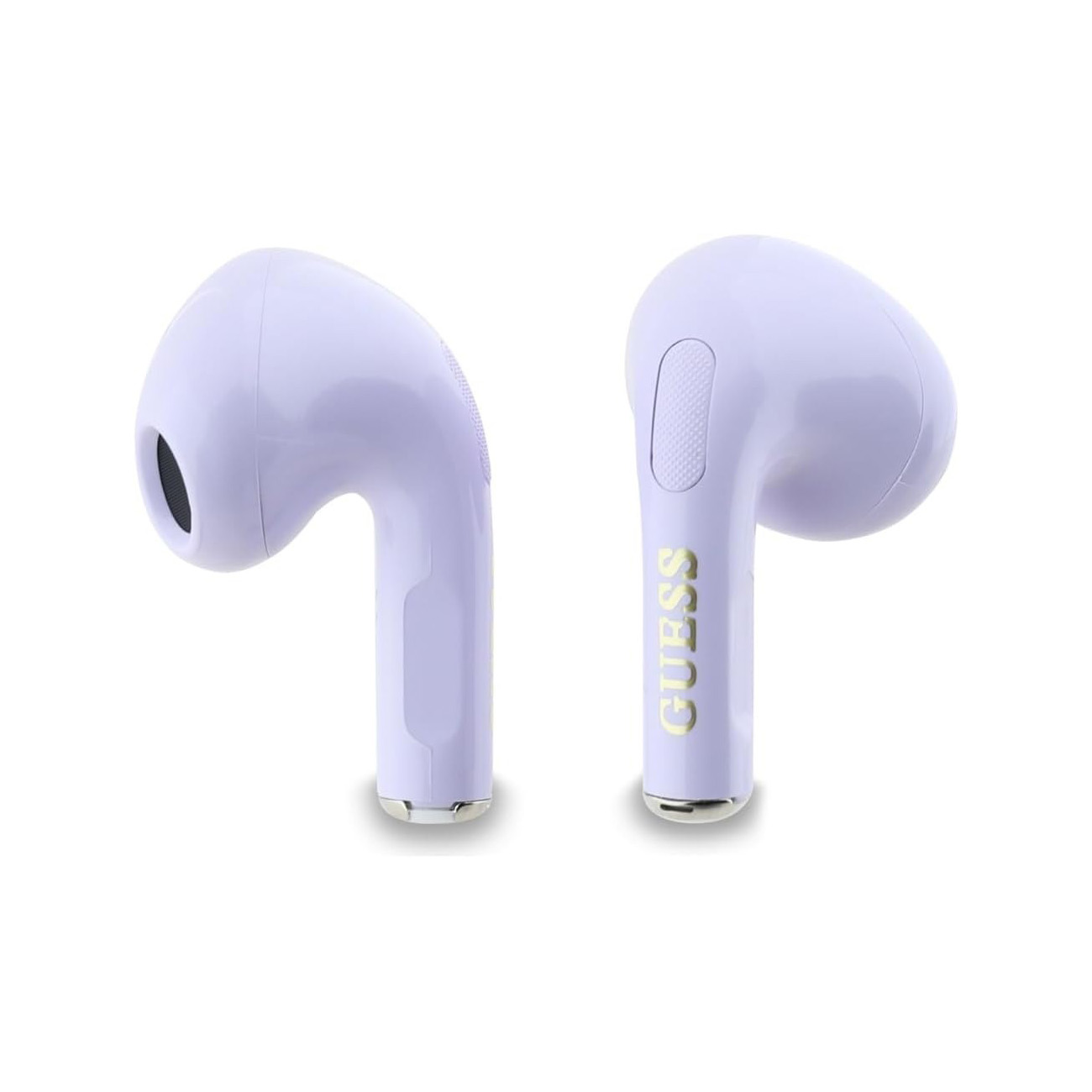 Par de auriculares inalámbricos en color morado claro con el logotipo dorado de Guess sobre fondo blanco.