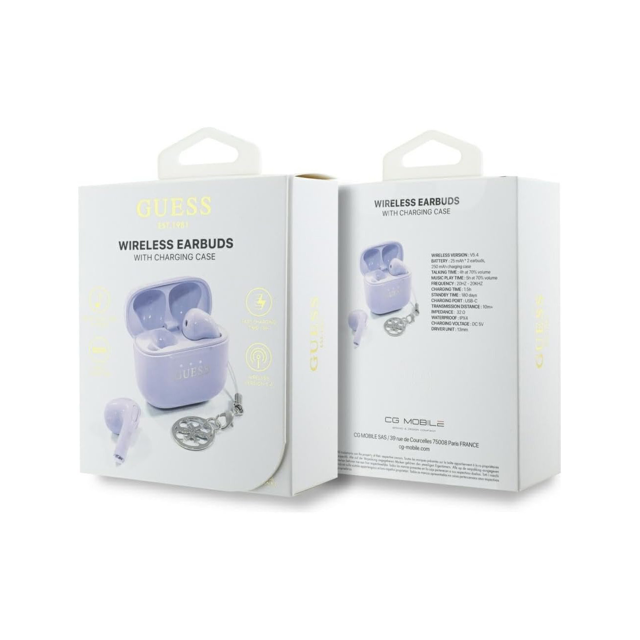 Dos cajas blancas de auriculares inalámbricos Guess morados con estuche de carga y especificaciones.